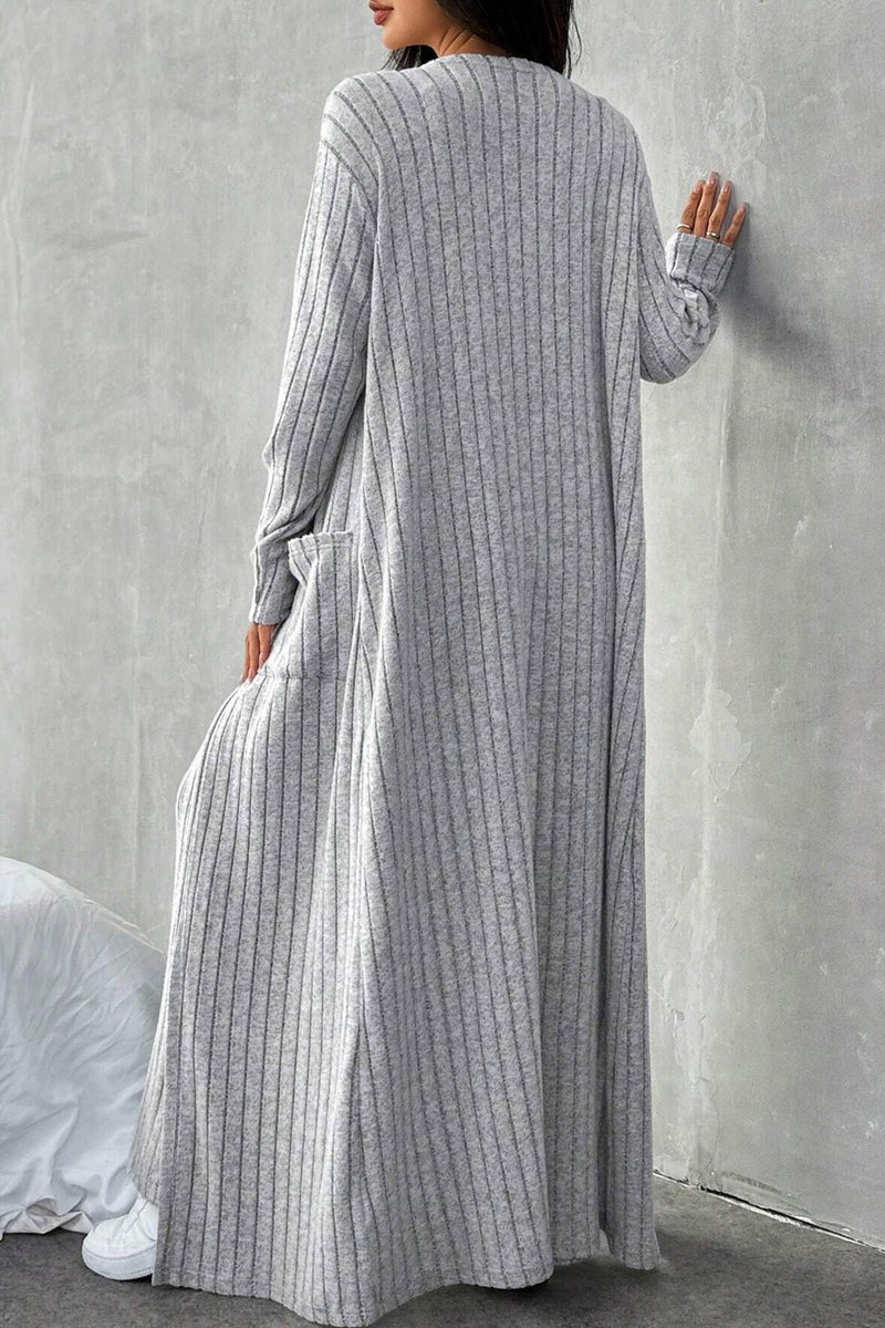 Grey Ribbed Knit Cardigan Three-piece Set