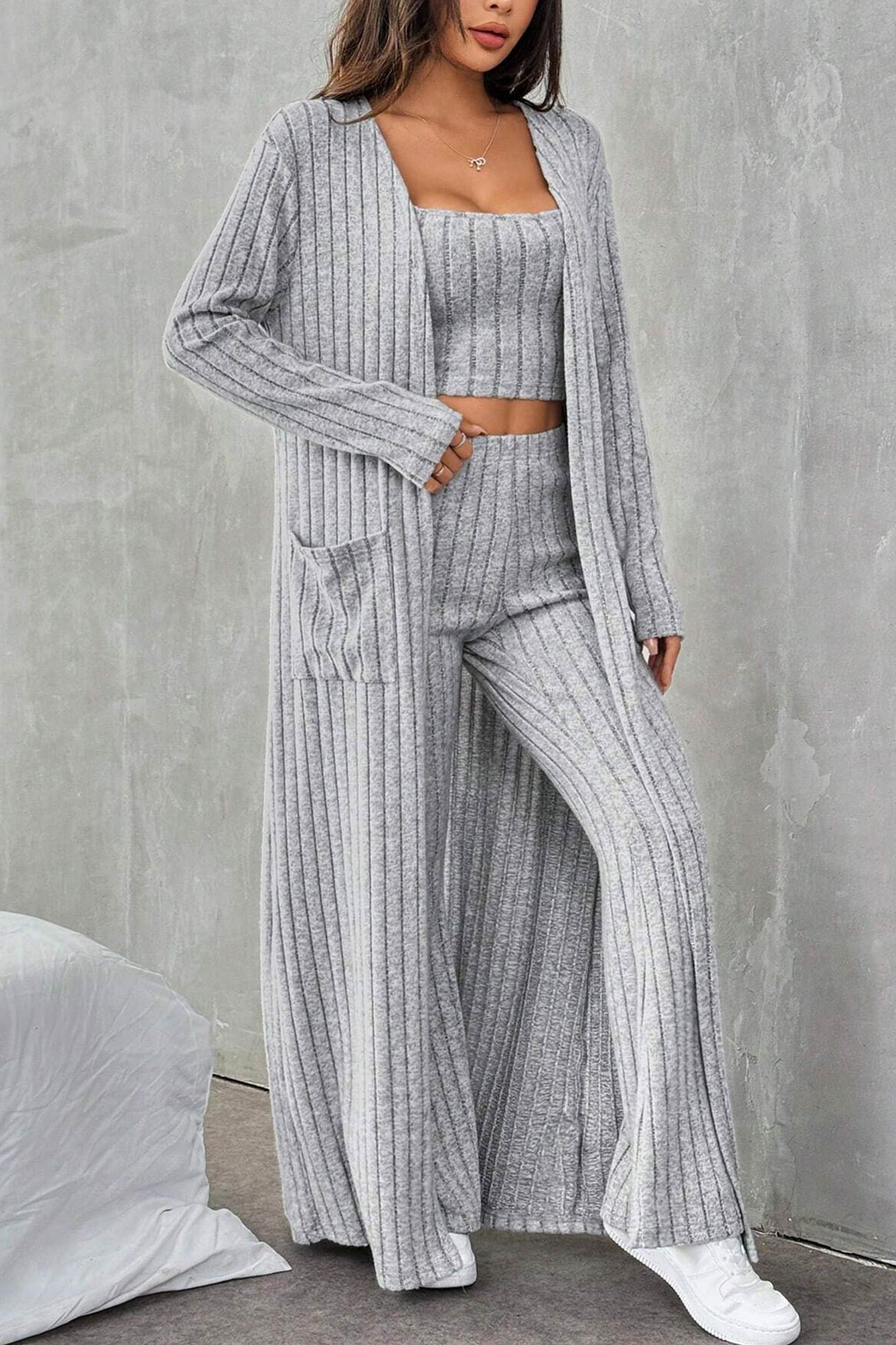 Grey Ribbed Knit Cardigan Three-piece Set