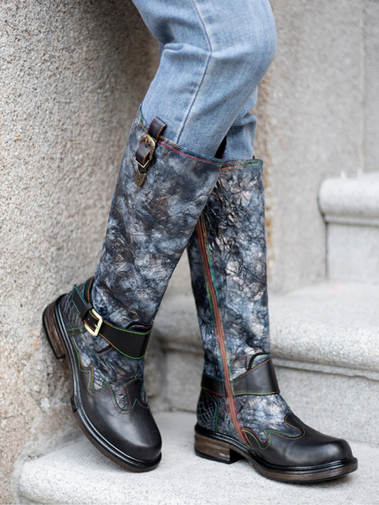 Soffia | Genuine Leather Grey Wrinkled Iliyah Accent Leather Knee High Riding Flat Boots