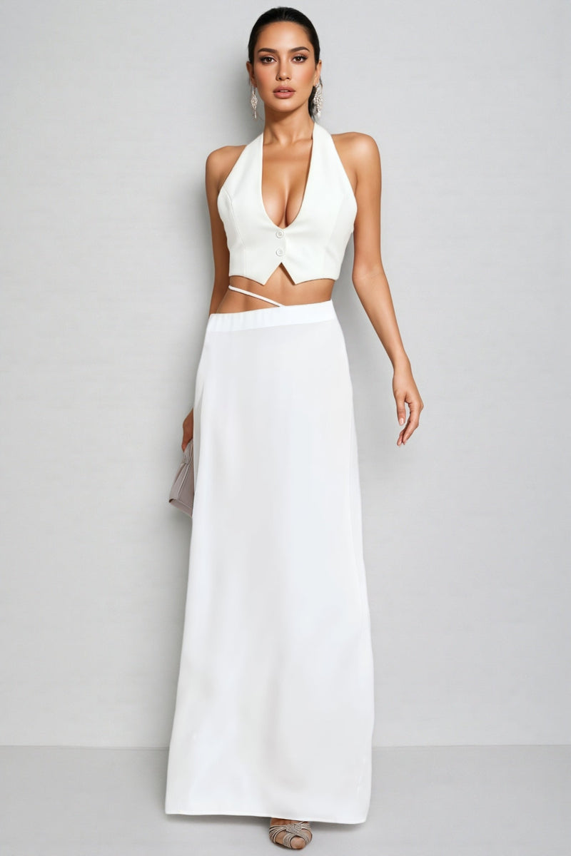 Aevorix White Halter Blazer Maxi Dress Set