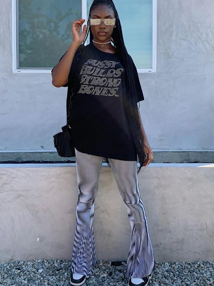Rhinestone Goth Letter Black T-shirt
