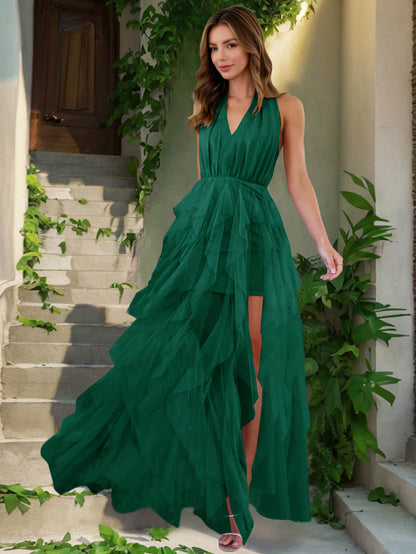 Soleil Mesh Ruffle Halter Maxi Dress - Green