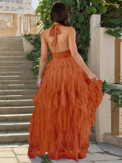 Soleil Mesh Ruffle Halter Maxi Dress - Orange