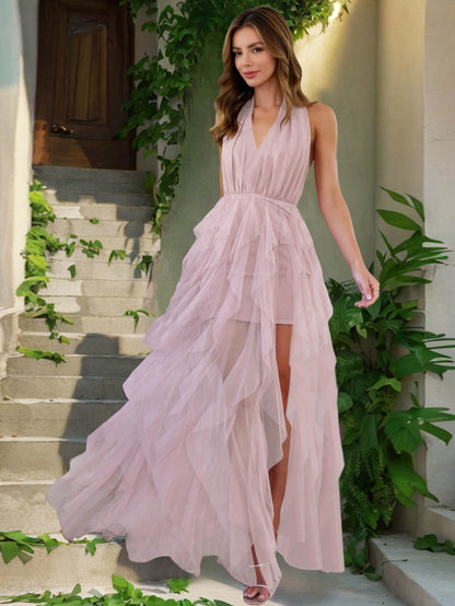 Soleil Mesh Ruffle Halter Maxi Dress - Pink