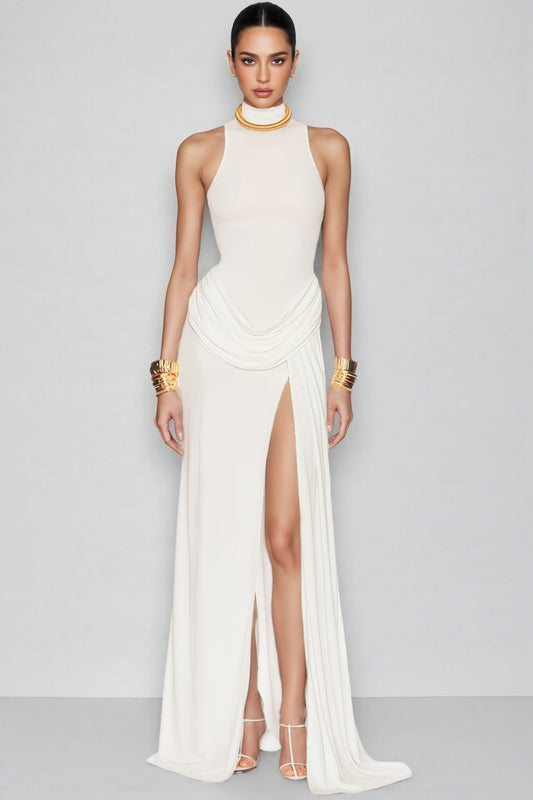 Jacinda White Backless Pleated Slit Maxi Dress