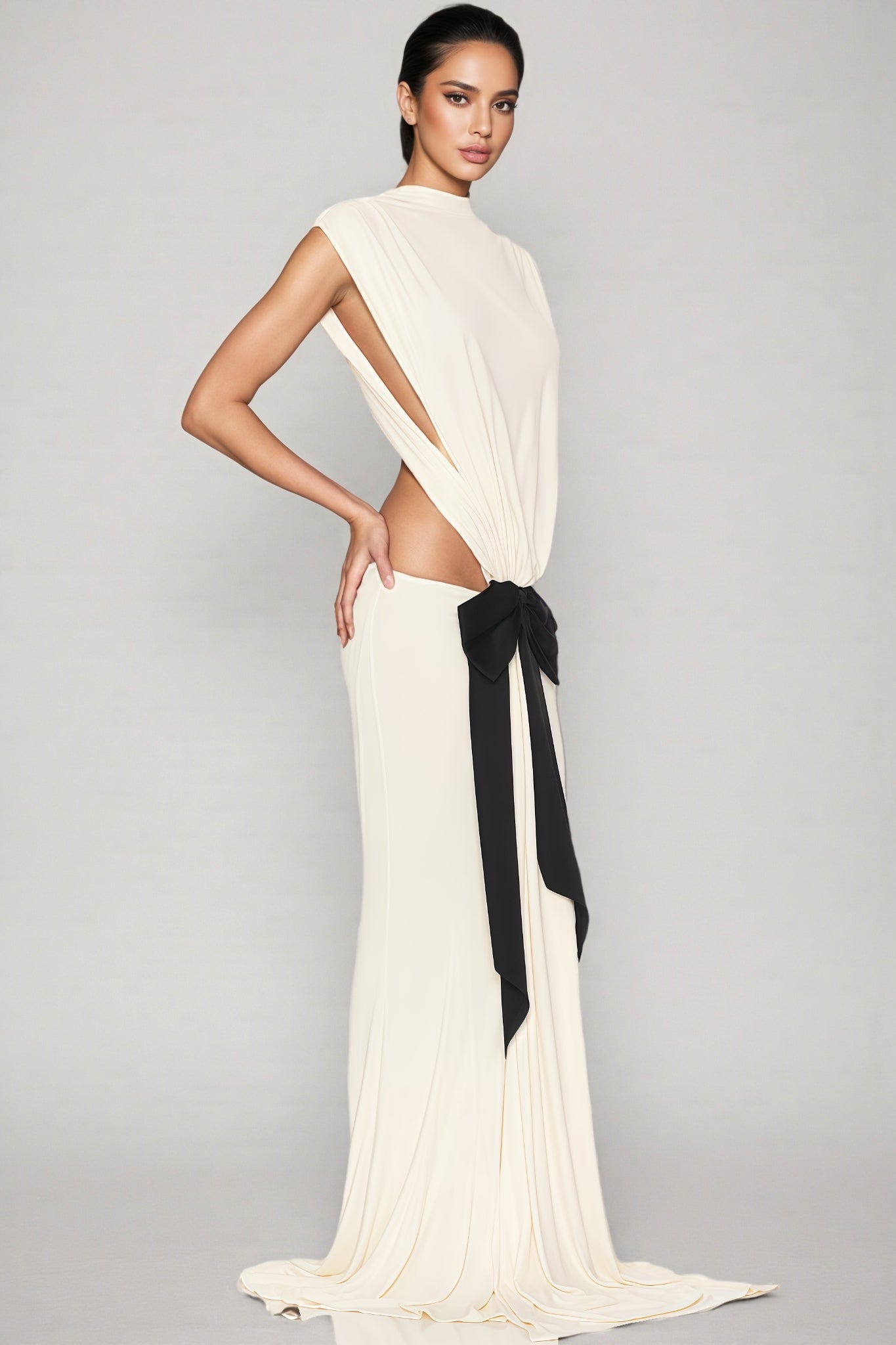 Gaelyra White Backless Satin Pleated Maxi Dress