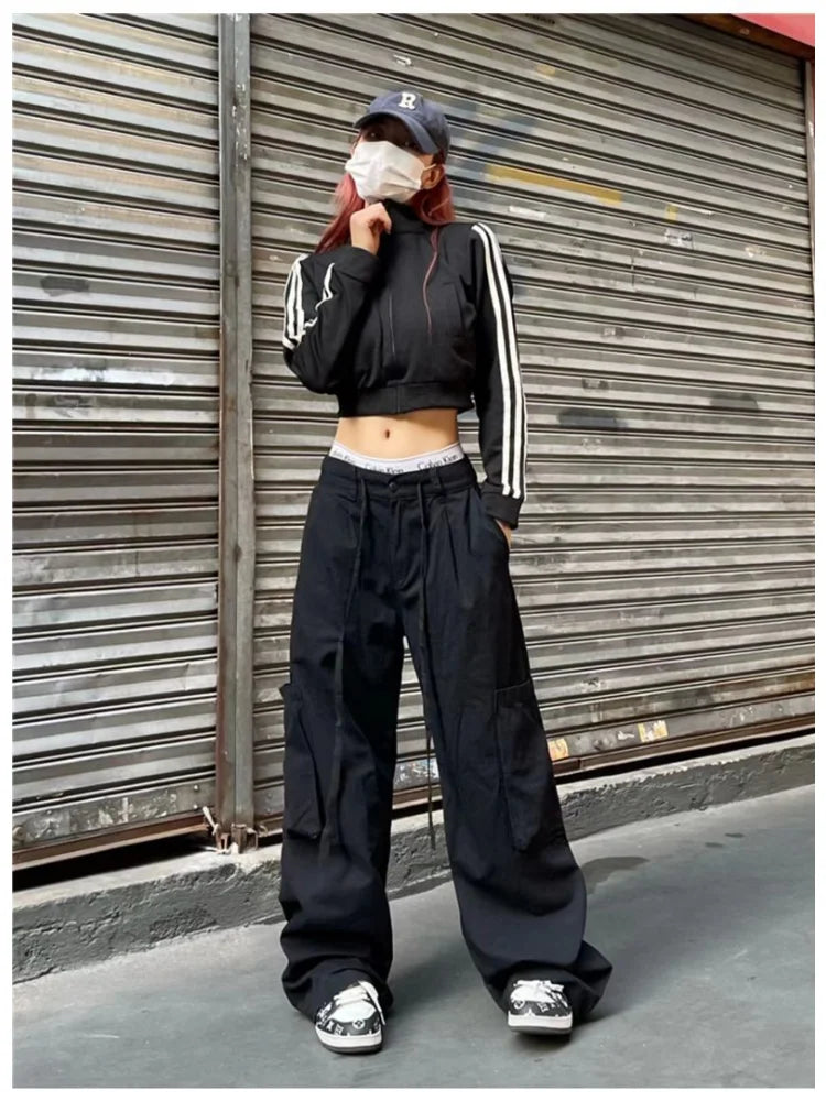 Baggy Gray Parachute Y2k Black Cargo Mopping Pant