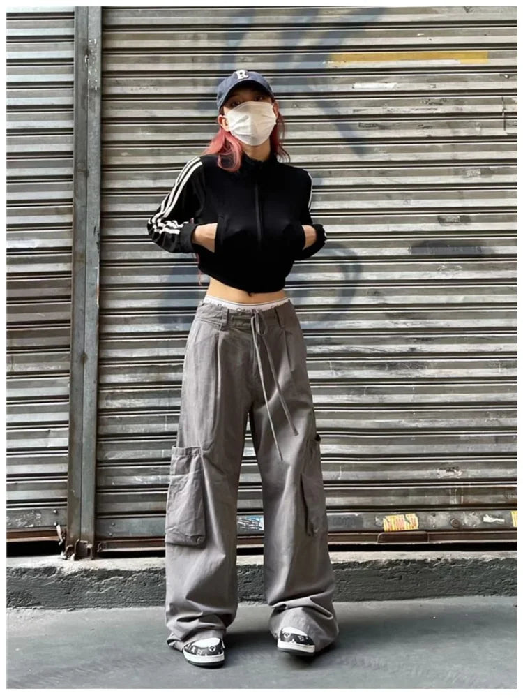Baggy Gray Parachute Y2k Black Cargo Mopping Pant