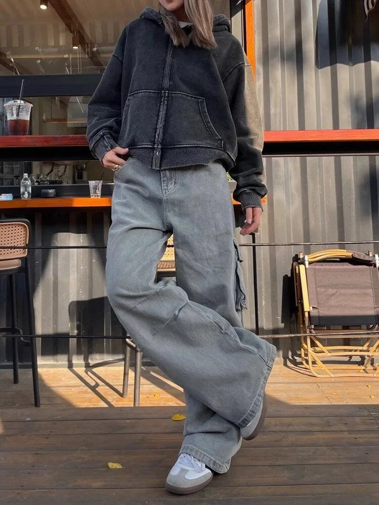 Grunge Gray Cargo Y2k Oversize Baggy Denim Wide Leg Harajuku Pant