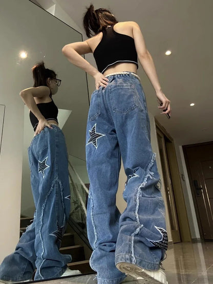 Grunge Hippie Star Baggy Distressed Patchwork Wide Leg Pants