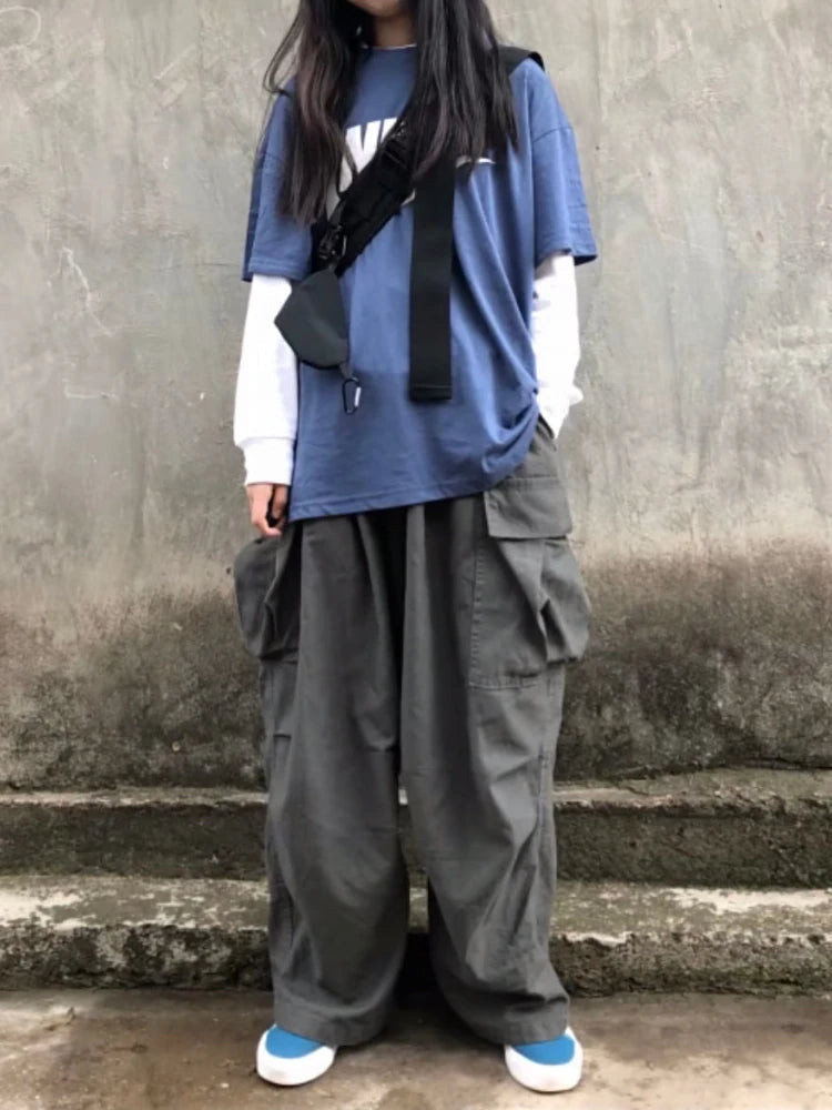 Gray Cargo Harajuku Grunge Baggy Japanese Style Oversize Wide Leg Pant