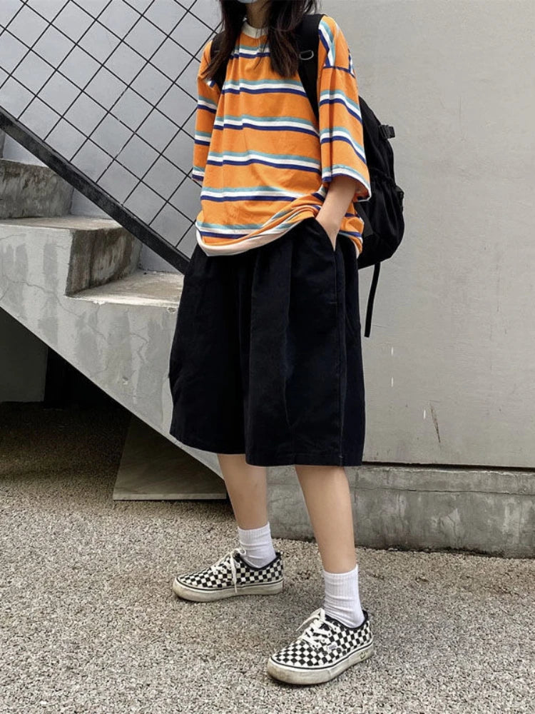 Harajuku Oversize Khaki Cargo Shorts Japanese Style Wide Leg Black Pant
