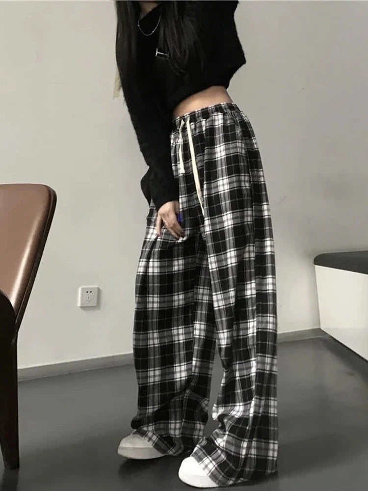 Oversize Plaid Korean Checked for Female Wide Leg Pant