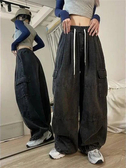 Harajuku Blue Cargo Oversize Y2k Grunge Black Wide Leg Pant