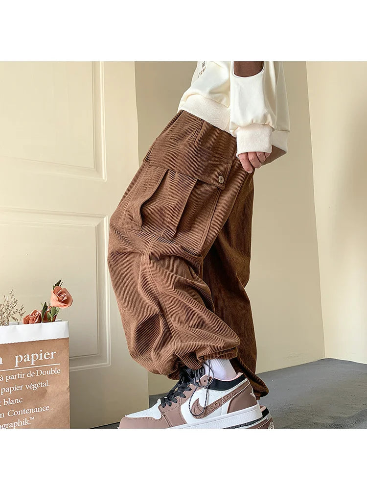 Harajuku Brown Corduroy Cargo Japanese Style Hip Hop Oversized Baggy Pant