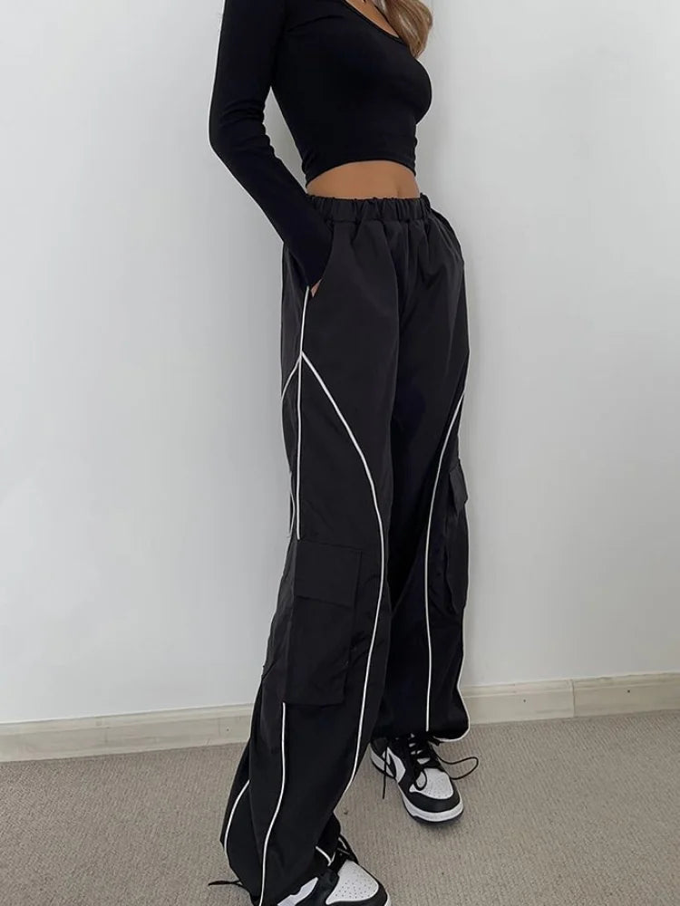 Hip Hop Reflective Cargo Cyber Punk Y2k Oversize Striped Sweatpants Pant