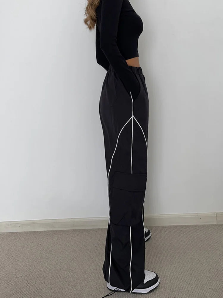Hip Hop Reflective Cargo Cyber Punk Y2k Oversize Striped Sweatpants Pant