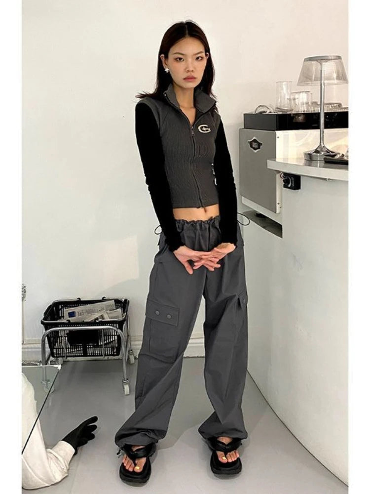 Hippie Gray Cargo Y2k Baggy Techwear Wide Leg Sweatpant