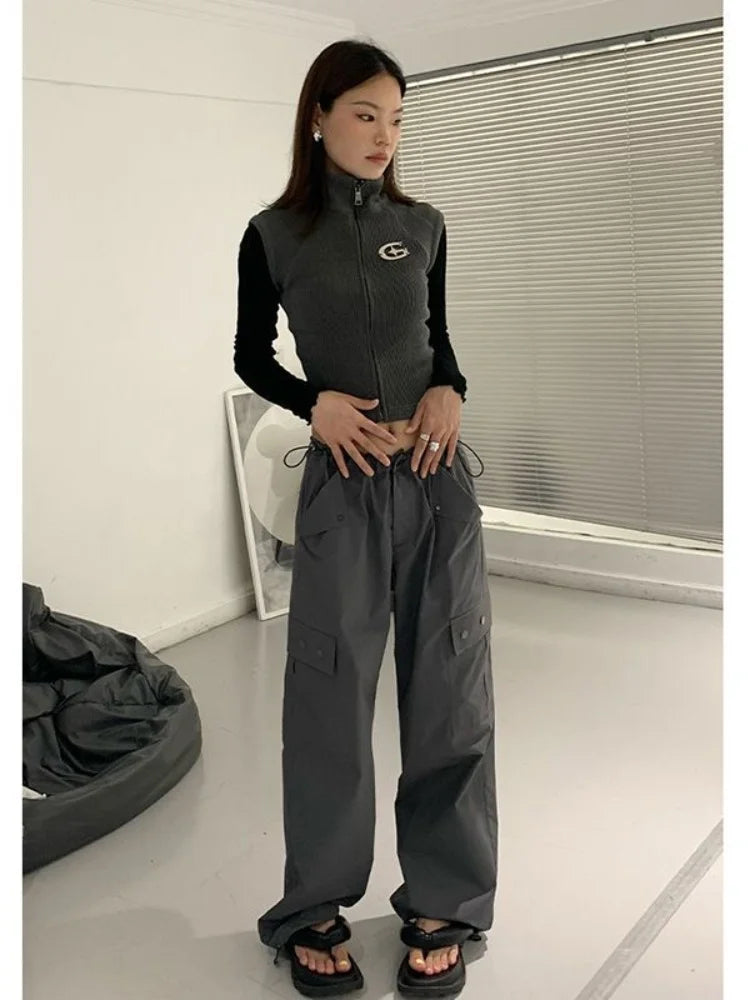 Hippie Gray Cargo Y2k Baggy Techwear Wide Leg Sweatpant