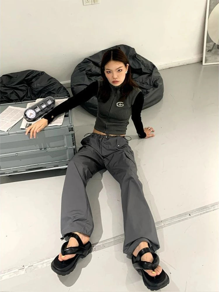 Hippie Gray Cargo Y2k Baggy Techwear Wide Leg Sweatpant