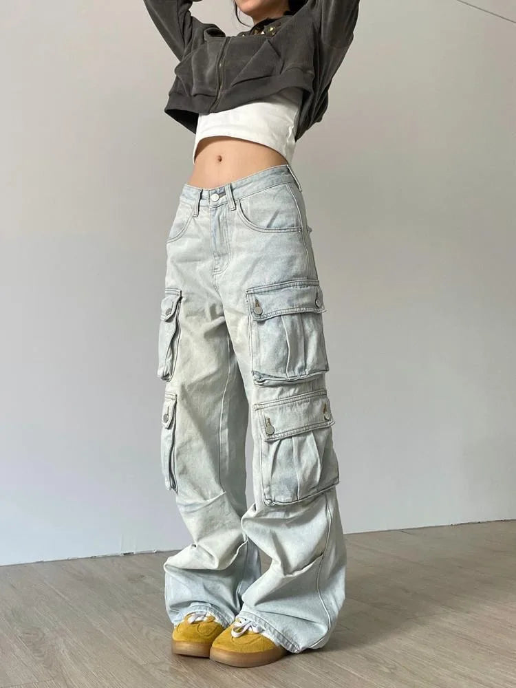 Japanese Y2k Grunge Blue Cargo 90s Multy Pockets Distressed Pant