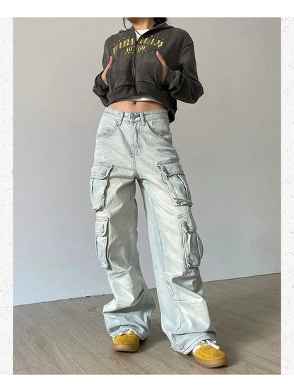 Japanese Y2k Grunge Blue Cargo 90s Multy Pockets Distressed Pant