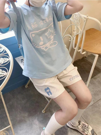 Kawaii Beige Shorts Japanese Style Cartoon Wide Leg Pant