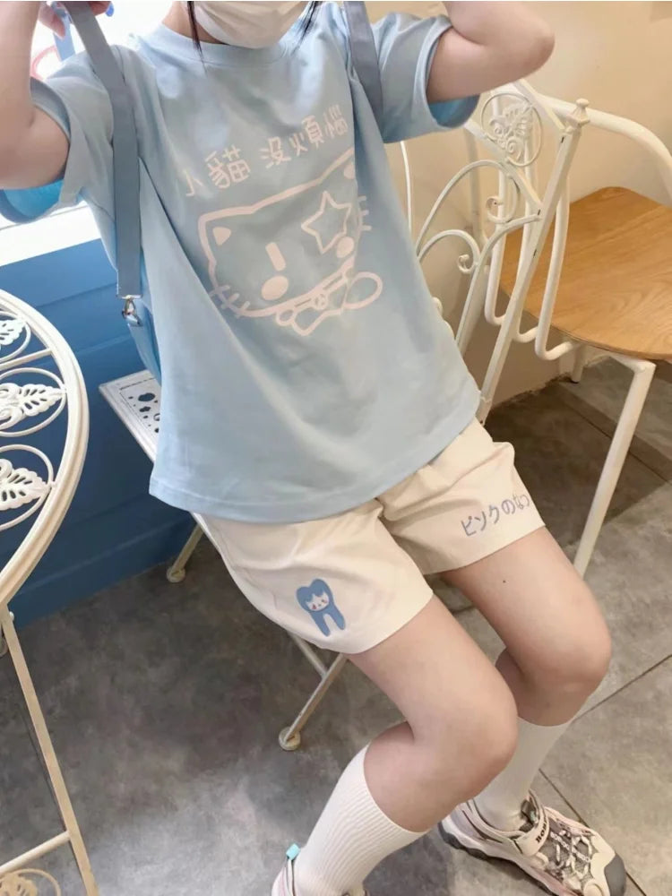 Kawaii Beige Shorts Japanese Style Cartoon Wide Leg Pant