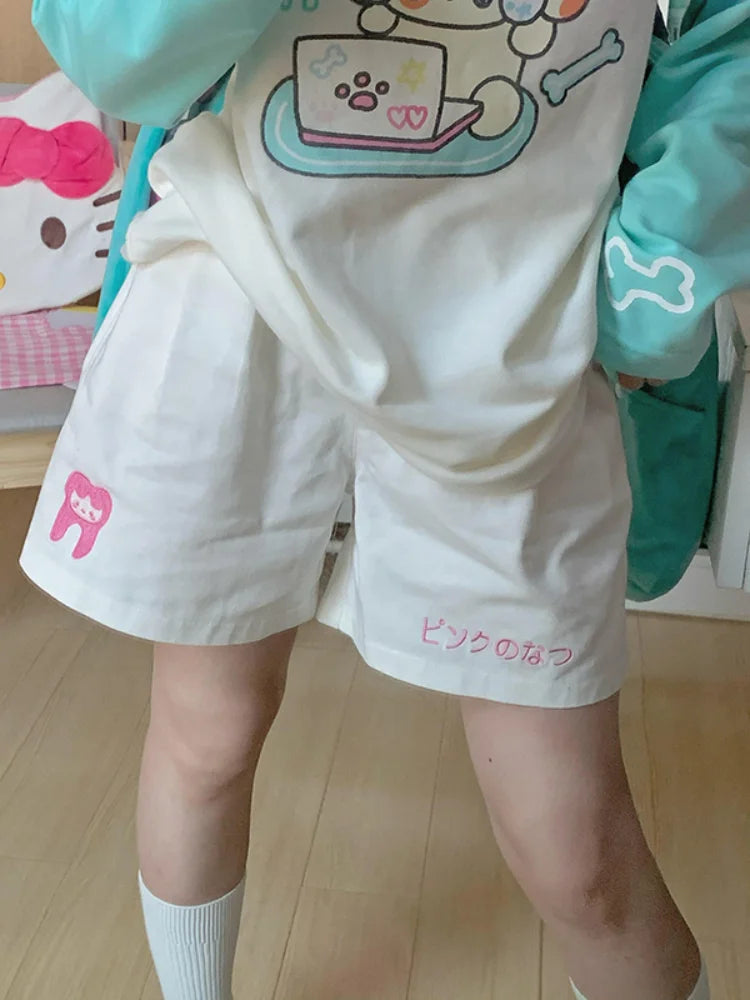 Kawaii Beige Shorts Japanese Style Cartoon Wide Leg Pant