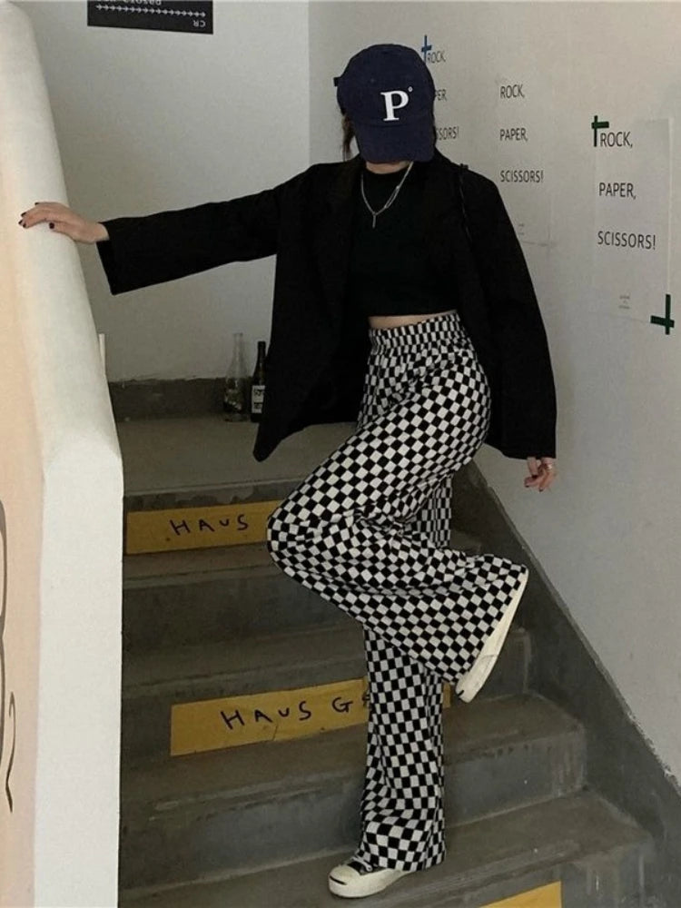 Black White Plaid Harajuku Wide Leg Checkerd Pant