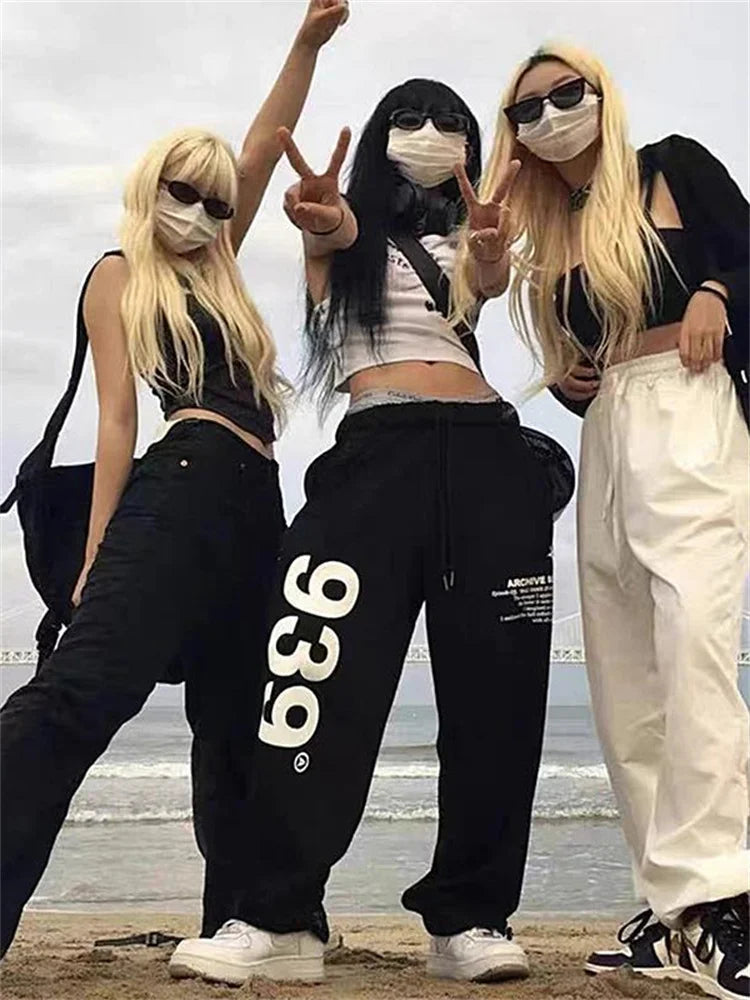 Korean Letter Print Joggers Black Oversized Wide Leg Punk Pant