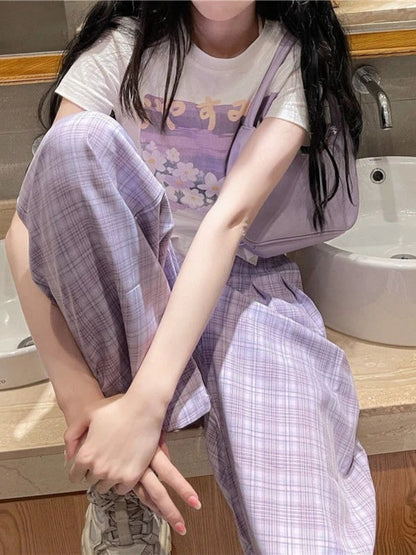 Purple Plaid Kawaii Soft Girl Oversize Wide Leg Checked Pant