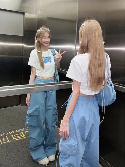 Korean Style Blue Cargo Y2k Retro Parachute Oversize Pant