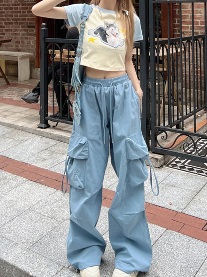 Korean Style Blue Cargo Y2k Retro Parachute Oversize Pant