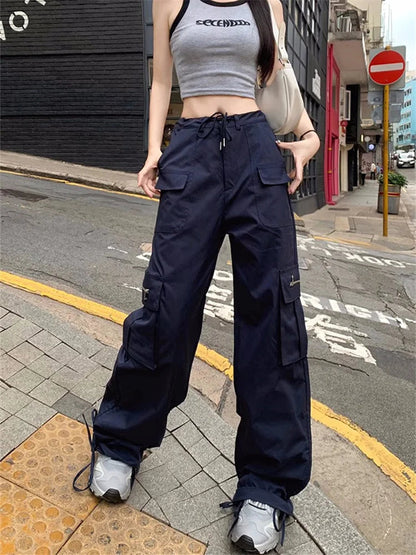 Korean Style Drawstring Sweatpants Y2k Navy Blue Oversized Pant