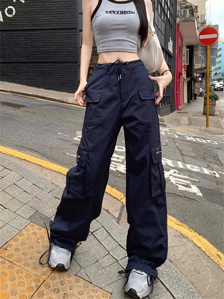 Korean Style Drawstring Sweatpants Y2k Navy Blue Oversized Pant