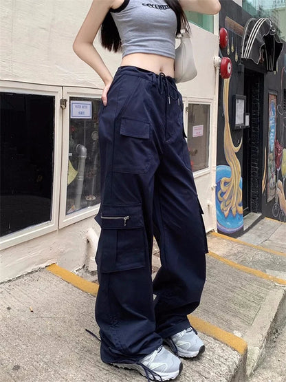 Korean Style Drawstring Sweatpants Y2k Navy Blue Oversized Pant