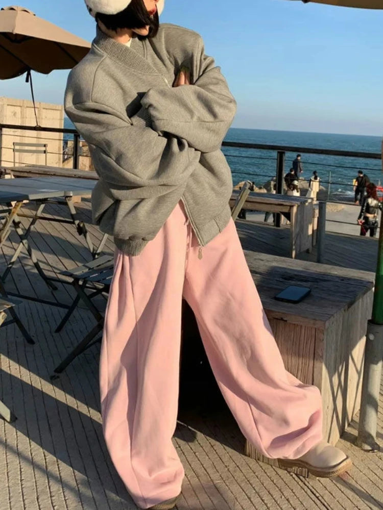 Korean Style Pink Fleece Sweatpants Y2k Winter Thick Harajuku Warm Pant