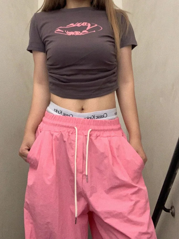 Kpop Hippie Pink Baggy Track Y2k Gyaru Korean Style Oversize Pant