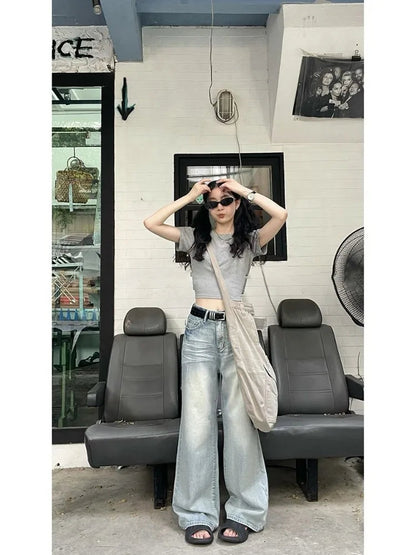 Blue Baggy Kpop Y2k Distressed Oversize Wide Leg Pant