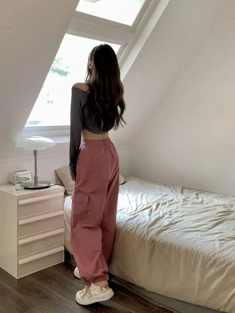 Kpop Y2k Pink Cargo Korean Oversized Wide Leg Pant