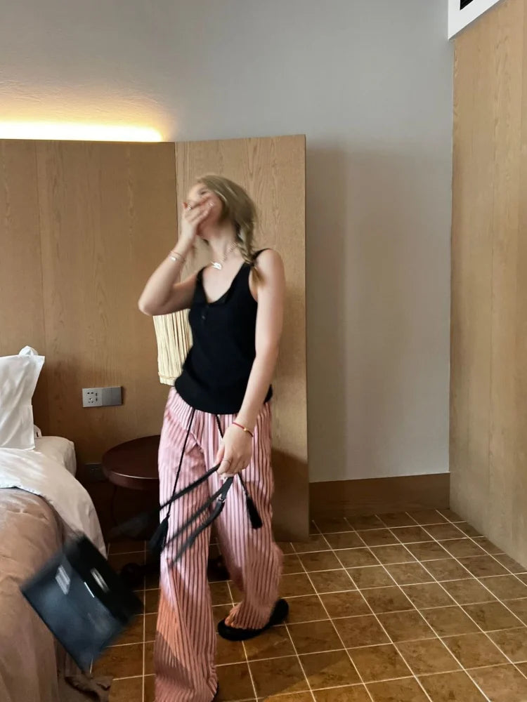 Pink Striped Wide Leg Korean Baggy Sweatpants