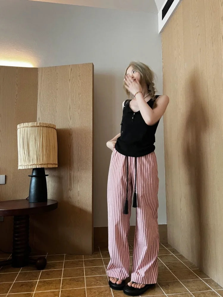 Pink Striped Wide Leg Korean Baggy Sweatpants