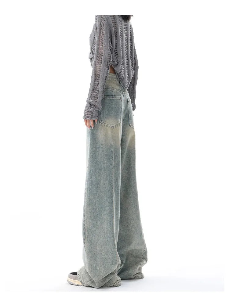 Retro Distressed Blue Baggy Y2k Grunge Wide Leg Denim Pant