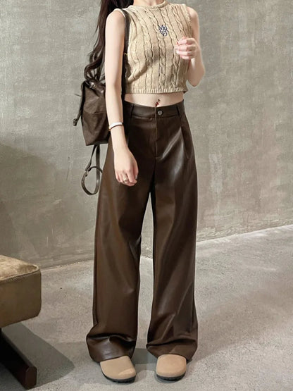Brown Pu Leather Y2k Korean Black Wide Leg Oversize Pant