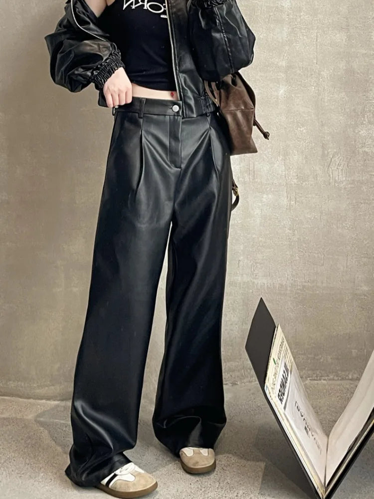 Brown Pu Leather Y2k Korean Black Wide Leg Oversize Pant