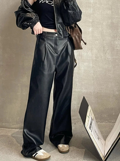 Brown Pu Leather Y2k Korean Black Wide Leg Oversize Pant
