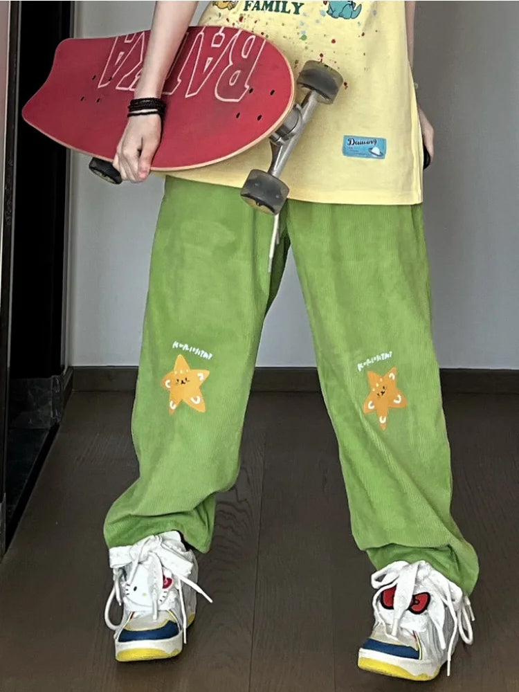 Hippie Star Print Corduroy Kawaii Green Wide Leg Sweatpants Pant