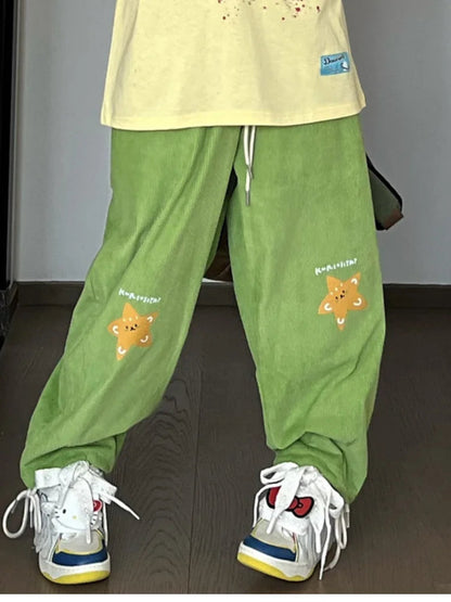 Hippie Star Print Corduroy Kawaii Green Wide Leg Sweatpants Pant
