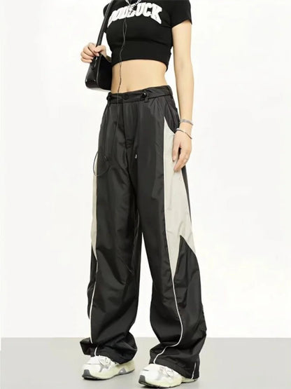 Patchwork Beige Sweatpants Retro Wide Leg Baggy Pant